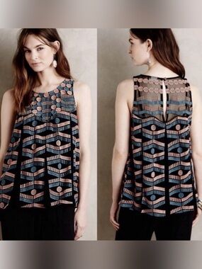 Akemi + Kin Small Black Sheer Embroidered Swing Tank Top ~ Boho Art Relaxed